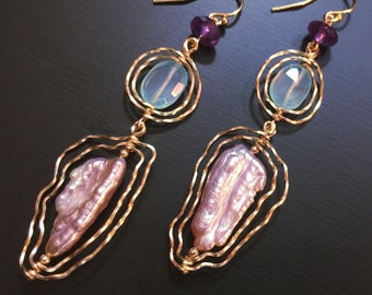 Primrose Pink Pearl Shoulder Dusters Earrings with Amethyst and Green Chalcedony