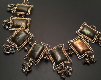 Green Labradorite Bracelet, 14k Gold Filled, Keshi Pearl Jewelry