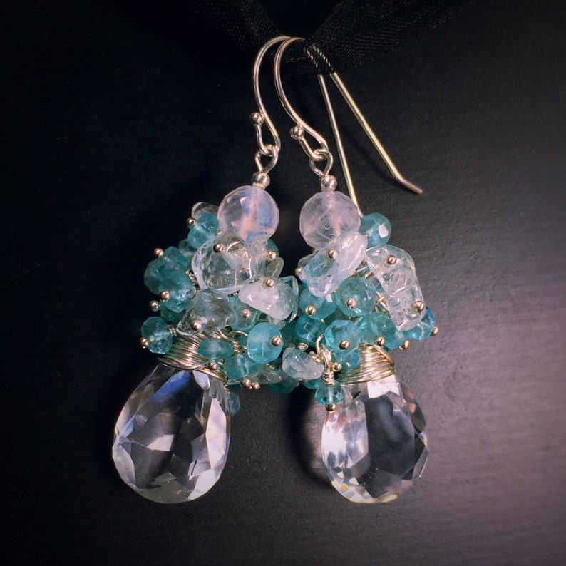 Healing Jewelry Apatite /& Aquamarine Rock Crystal Drop Earrings Rainbow Moonstone March Birthday Gift for Her Sterling Silver Earrings