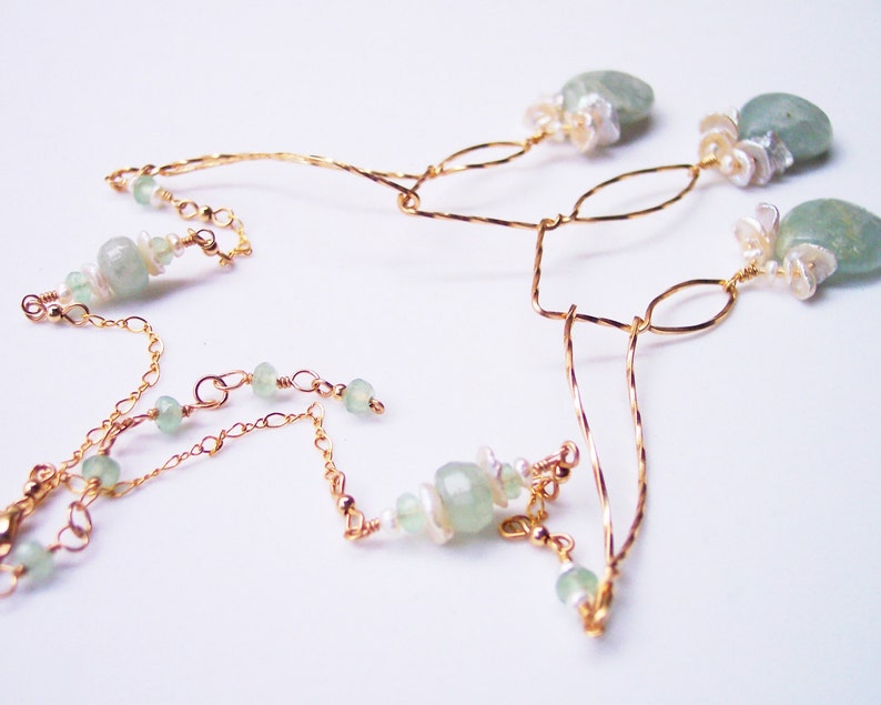 Green Kyanite Necklace with Keshi Pearls and Aquamarine in Gold Gift for Her June Birthstone Statement Necklace