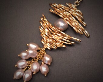 Blush Pearl Waterfall Necklace: 14k Gold Filled Wire, Contemporary Jewelry
