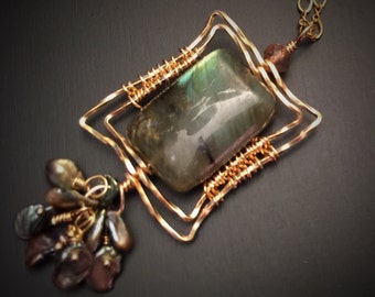 Windows on the Forest Leaf Green Labradorite Necklace in Gold with Keshi Pearls