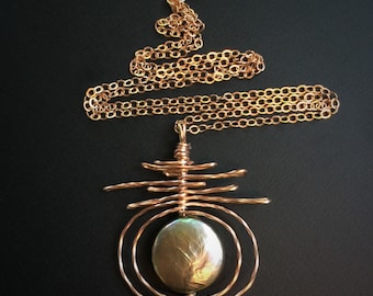 Rose Gold Copper Coin Pearl Necklace, Halo Collection Healing Jewelry