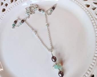Bicolor Green Chrysoprase Pendant Necklace in Sterling Silver with Mocha Pearls