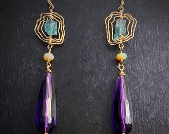 Natural Apatite & Amethyst Drop Shoulder Duster Earrings in Gold, Healing Jewelry