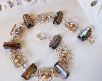 Creamy Mocha Mousse Mother-of-Pearl Bracelet, Golden Bronze Pearl Sterling Silver Bracelet, Healing Jewelry