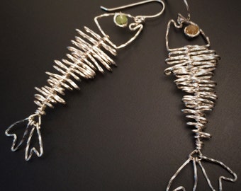 Cat Treats Sterling Silver Fish Skeleton Earrings with Moonstone or Tourmaline Eyes