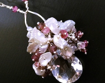 Pink Tourmaline Rubellite and Rock Crystal Quartz Necklace in Silver with Keshi Pearls