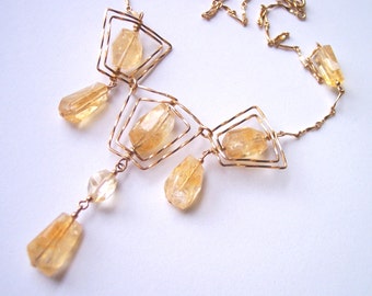 Raw Yellow Citrine Chunk Necklace, Solar Plexus Healing Jewelry November Birthstone