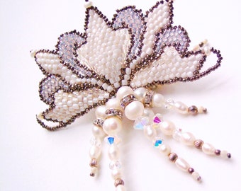 White Wedding Art Nouveau Pearl Brooch, Snow Queen Bridal Headpiece Seed Bead Jewelry