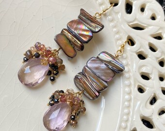 Natural Golden Mother-of-Pearl Stacks Cluster Earrings, 14karat Yellow Goldfilled Art Deco Earrings, Ametrine Drops, Healing Jewelry