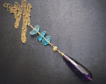 Gold Apatite Necklace with Amethyst & Ethiopian Opal, Natural Gemstones Healing Jewelry