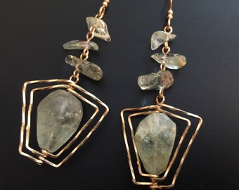Geometric Raw Aquamarine Chunk Earrings in 14K Goldfilled, Heart Chakra Healing Jewelry