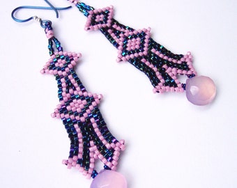 Pink & Blue Art Deco Column Earrings with Chalcedony Drops, Hand Woven Seed Bead Jewelry