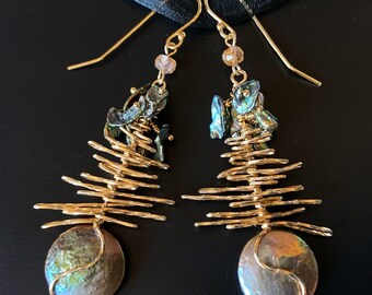 Copper Coin Pearl Earrings, Gold Leaf Earrings, Healing Jewelry, June Birthstone