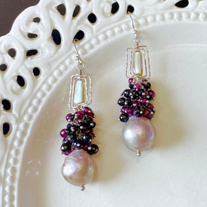 Crystal Rose Peach Pink Pearl Earrings, Shoulder Duster Garnet & Black Spinel Drop Earrings, January Birthday Gift for Her, Healing Jewelry image 6