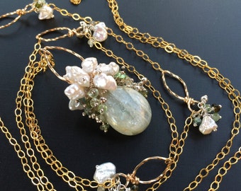 Opera Length Tourmaline Heart Chakra Necklace with Keshi Pearls in 14K Goldfilled