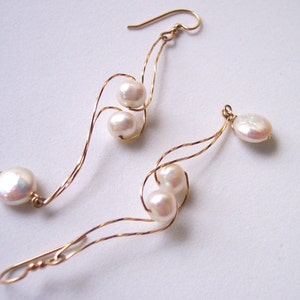Timeless Elegance with a Little Twist, Golden Spiral Coin Pearl Earrings, Shoulder Duster White Pearl Earrings, Made to Order Cranberry Red