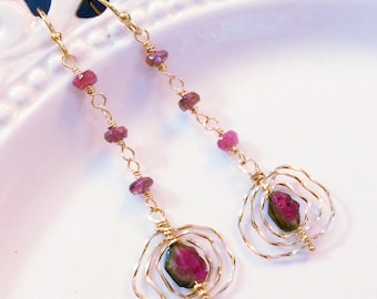 Watermelon Tourmaline Earrings, Valentine Romantic Gift for Her, Dangle Earrings, Anniversary Gift, Gold Earrings, Healing Jewelry