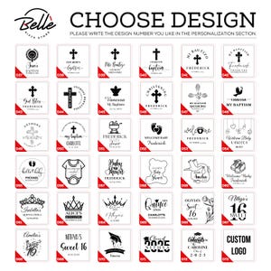 May include: A selection of personalized design options for various events, including baptisms, baby showers, and quincea&ntilde;eras. Each design is displayed on a white square with black text and graphics. The text includes names, dates, and event details.