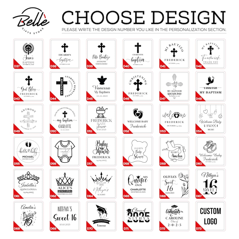 May include: A selection of personalized design options for various events, including baptisms, baby showers, and quincea&ntilde;eras. Each design is displayed on a white square with black text and graphics. The text includes names, dates, and event details.