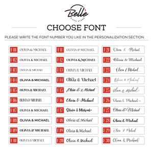 K&ouml;nnte beinhalten: Bild mit Schriftartauswahl zur Personalisierung. Der Text lautet "CHOOSE FONT" und "PLEASE WRITE THE FONT NUMBER YOU LIKE IN THE PERSONALIZATION SECTION." Jede Schriftartoption zeigt "OLIVIA & MICHAEL" in einem anderen Stil, mit den Schriftnummern F01 bis F30.