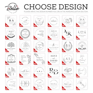 May include: A selection of wedding or event design options, each in a square frame. The designs include names, dates, and decorative elements like wreaths, hearts, and floral patterns. Text at the top reads "CHOOSE DESIGN".