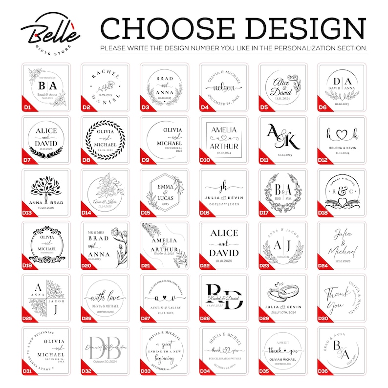 May include: A selection of wedding or event design options, each in a square frame. The designs include names, dates, and decorative elements like wreaths, hearts, and floral patterns. Text at the top reads "CHOOSE DESIGN".