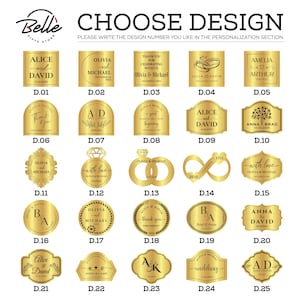 K&ouml;nnte beinhalten: Eine Auswahl an goldfarbenen Hochzeitsgeschenkanh&auml;ngern mit verschiedenen Designs. Die Etiketten zeigen Namen, Daten und S&auml;tze wie "Danke" und "Hochzeit". Der Text "Choose Design" steht oben.