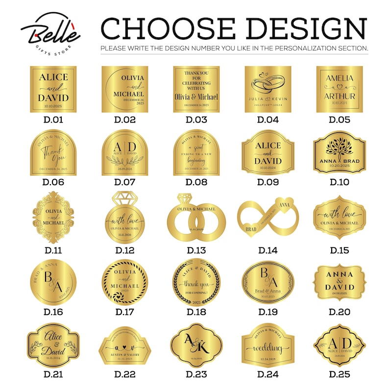 K&ouml;nnte beinhalten: Eine Auswahl an goldfarbenen Hochzeitsgeschenkanh&auml;ngern mit verschiedenen Designs. Die Etiketten zeigen Namen, Daten und S&auml;tze wie "Danke" und "Hochzeit". Der Text "Choose Design" steht oben.