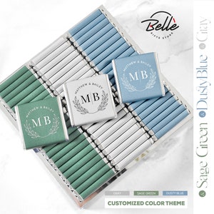 Recuerdos de boda de chocolate personalizados, verde salvia, azul empolvado, 50 unidades