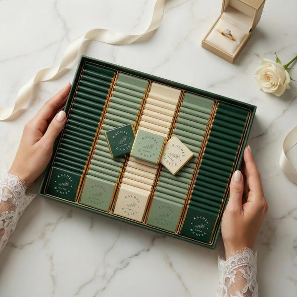 Recuerdos de boda de lujo con chocolate: chocolates personalizados para invitados y compromisos