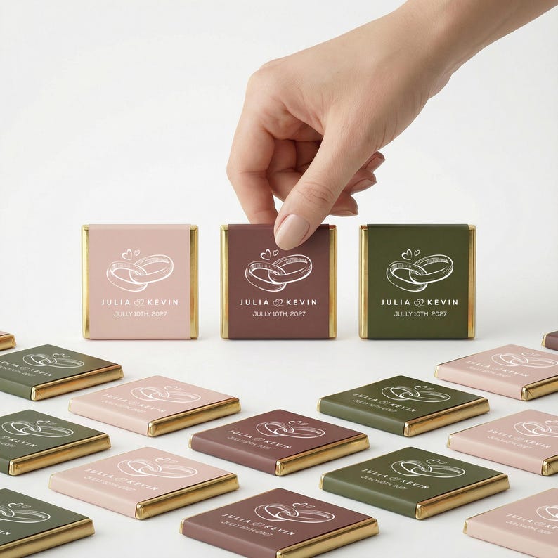 May include: A selection of small, square chocolate bars in pink, brown, and green with gold edges. Each bar features a wedding ring design and the names "JULIA & KEVIN" with the date "JULY 10TH, 2027". A hand is holding one of the bars.