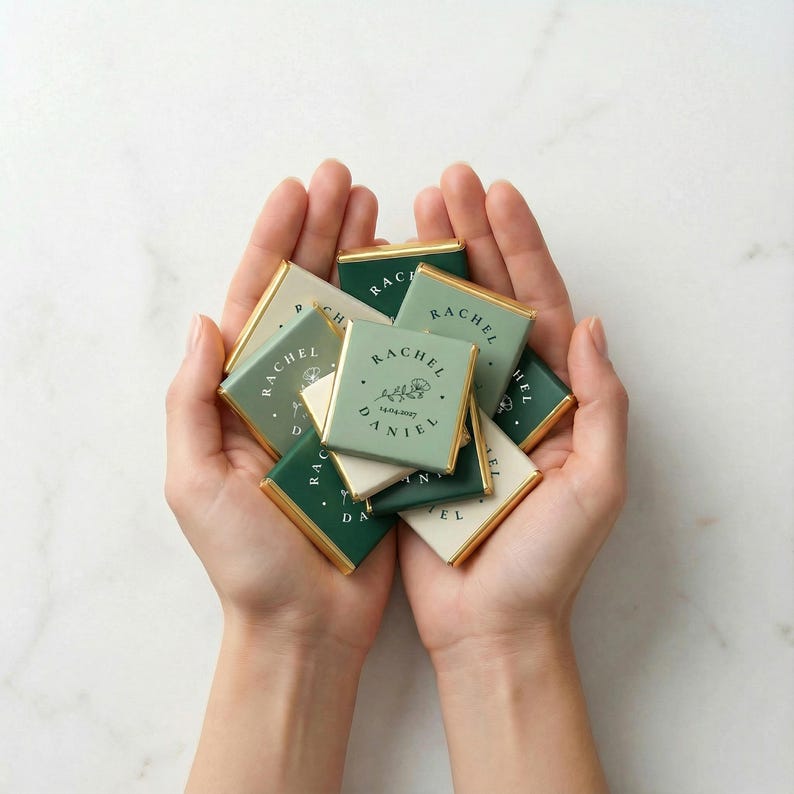 May include: A handful of small, square chocolates with gold foil edges. The chocolates are in shades of green and white, with the name "RACHEL DANIEL" and a floral design printed on them. The chocolates are a potential wedding favor.