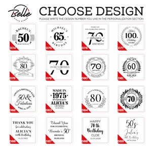 May include: A selection of personalized birthday design options, each displayed on a white square. The designs feature various fonts and styles, including numbers, names, and celebratory phrases. The text "CHOOSE DESIGN" is at the top.