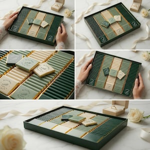 May include: A dark green rectangular box filled with chocolate bars and squares. The chocolates are in shades of green, cream, and gold. Some squares have the text "RACHEL DANIEL" printed on them. The box is presented with a ring box and flowers.
