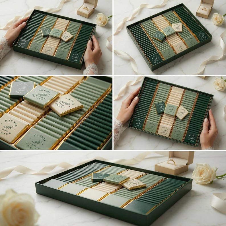 May include: A dark green rectangular box filled with chocolate bars and squares. The chocolates are in shades of green, cream, and gold. Some squares have the text "RACHEL DANIEL" printed on them. The box is presented with a ring box and flowers.