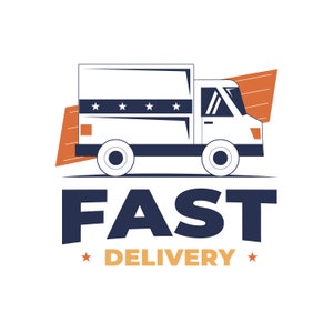 May include: A white delivery truck with a blue outline and a red, white, and blue star pattern on the side. The truck is driving fast and has the text "FAST DELIVERY" below it.