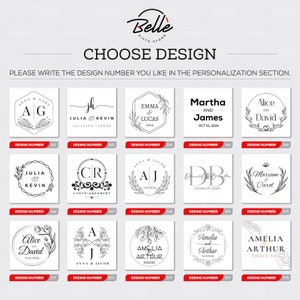 Op de afbeelding: Een raster met 10 ontwerpen voor huwelijksuitnodigingen met verschillende bloem- en monogrammenstijlen. Elk ontwerp bevat de namen van het paar en de datum van de bruiloft. De ontwerpen zijn genummerd van D61 tot D78.