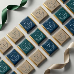 May include: Arrangement of personalized chocolate squares with gold foil edges. Each square features the names "Brad and Anna" and a date within a circular wreath design. The squares are in shades of blue, green, and tan, with ribbons in matching colors.