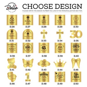 K&ouml;nnte beinhalten: Eine Auswahl an goldfarbenen Designoptionen f&uuml;r personalisierte Geschenke, darunter Kreuze, Tauf- und Geburtstagsthemen. Die Designs werden auf wei&szlig;em Hintergrund mit dem Text "CHOOSE DESIGN" angezeigt.
