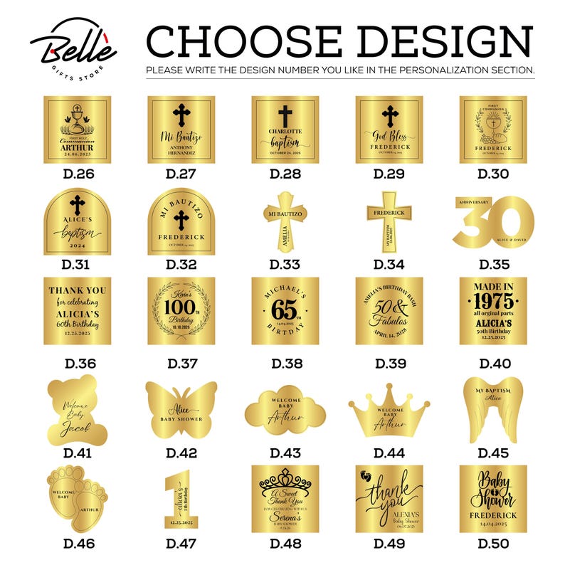 K&ouml;nnte beinhalten: Eine Auswahl an goldfarbenen Designoptionen f&uuml;r personalisierte Geschenke, darunter Kreuze, Tauf- und Geburtstagsthemen. Die Designs werden auf wei&szlig;em Hintergrund mit dem Text "CHOOSE DESIGN" angezeigt.