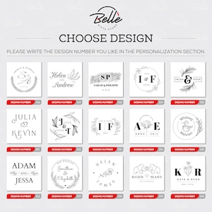 Op de afbeelding: Een raster met 12 zwart-witte ontwerpen voor gepersonaliseerde trouw- of jubileumstempels. Elk ontwerp heeft een andere combinatie van initialen, namen, datums en bloemelementen. De ontwerpen zijn genummerd van 046 tot 060.