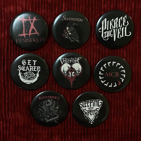 The Emo Set / Metal pin back buttons with band designs for backpacks, bags and battle jackets / Screamo