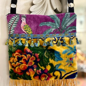 Pretty blue and purple floral vintage velvet tapestry zipper top crossbody bag