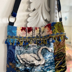 Pretty boho blue velvet swan bag patchwork crossbody purse upcycled tapestry