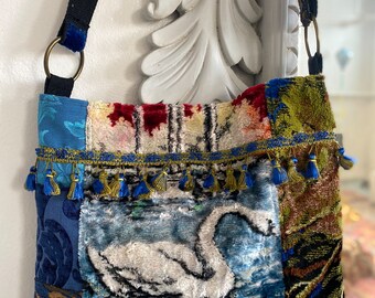 Pretty boho blue velvet swan bag patchwork crossbody purse upcycled tapestry