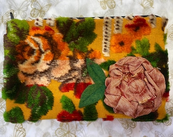 Pretty cut velvet floral pink with pink orange silk applique flower zipper pouch