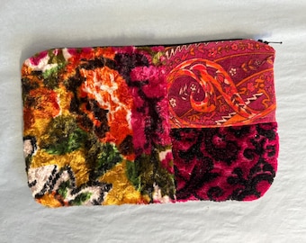 Pretty cut velvet floral pink and orange flower zipper pouch