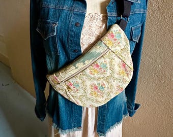 Fun vintage brocade floral sling bag pink, yellow, and blue flowers